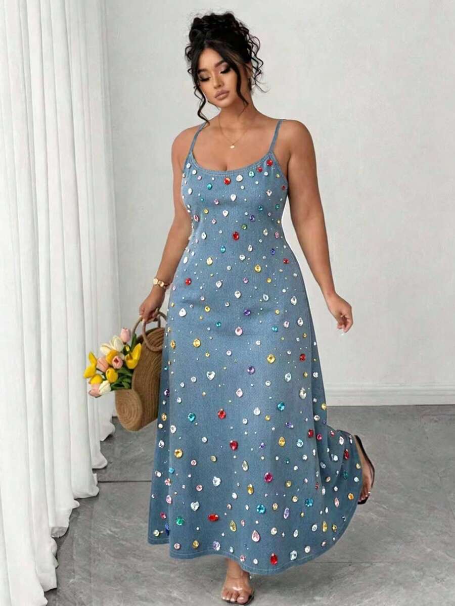 Elenzga Vestido de tirantes finos azul desgastado simple talla grande - Multicolor - Ver 1