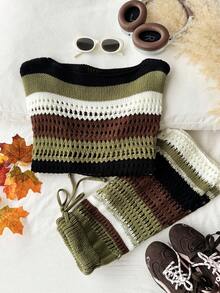 Comfortcana Setelan Sweater Rajut Berongga Warna Blok Putih dan Hijau Ukuran Besar dan Celana Pendek untuk Liburan Formal Musim Gugur Gaya Vintage 1920-an - MultiWarna - View 6