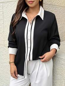 Easura Plus Size Elegant Long Sleeve Button-Front Contrast Color Commuter Women's Shirt - Black and White - View 6