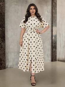 Modelyn Plus Size Women Black And White Pattern Round Neck Short Sleeve Pleated Design Elegant 70's Dress Tea Party Brunch Dinner Summer - Apricot - View 4