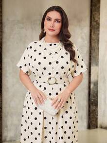 Modelyn Plus Size Women Black And White Pattern Round Neck Short Sleeve Pleated Design Elegant 70's Dress Tea Party Brunch Dinner Summer - Apricot - View 10