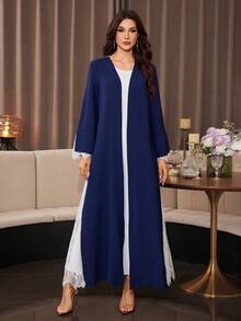 Yasmyna Deep Blue Lace Patchwork Full Skirt Long Abaya, Contrast Color Elegant Graceful Romantic Arabic Robe - Navy Blue - View 4