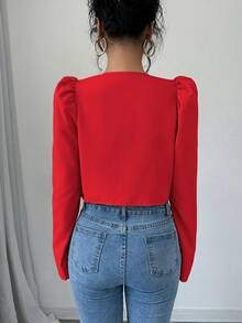 SHEIN PariChic 泡泡袖青蛙扣中式短版優雅女式襯衫 - 紅色 - 查看 2