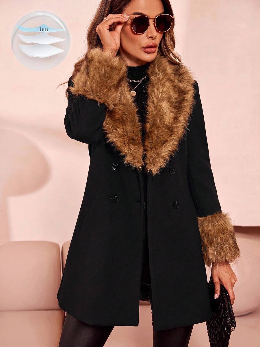 SHEIN Clasi 翻領雙排扣大衣 秋冬款 - 黑色 - 查看 1