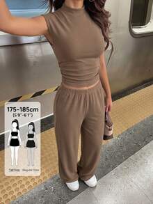 SHEIN Tall 2件組女款夏季純色立領百褶襯衫與長褲套裝，休閒女裝運動服，棕色兩件式套裝，舒適女款休閒套裝，適合高個子女性 - 棕色 - 查看 9