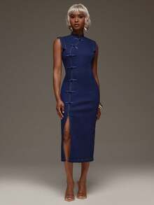 Normani Women's Fall Fashion Frog Button Slit Slim Fit Denim Dress Dinner Everyday Party Navy Blue Elegant Retro - Dark Wash - View 2
