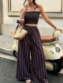 Serisse Women's Vacation Casual Tropical Boho Brown Striped Bandeau Top And Wide Leg Pants 2 Pieces Set Beach Summer - Brown - View 9