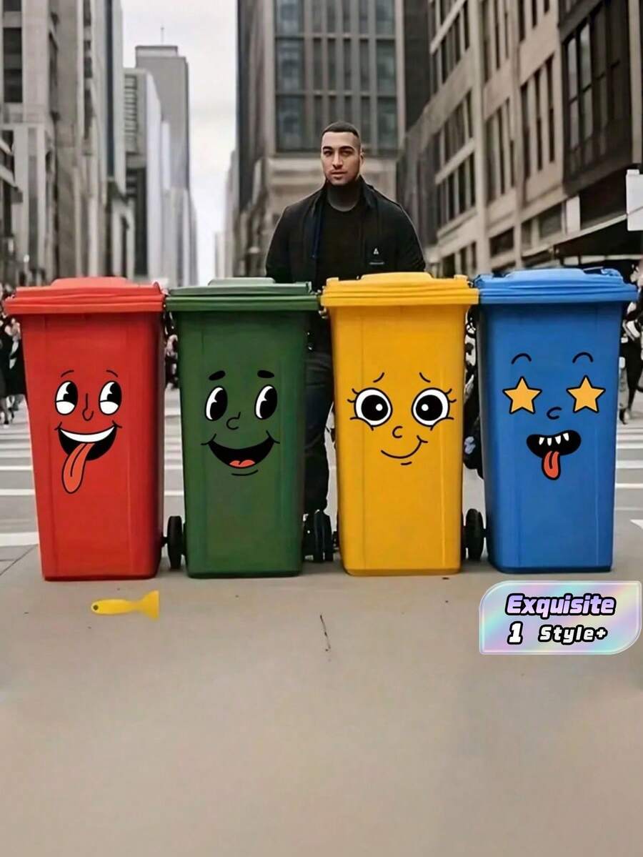 4 Sheets Self Adhesive Removable Glossy Cartoon Face Stickers For Plastic Surface Wall Fridge Trash Can Toilet Bathroom Home Decor Fun Theme Decorative Cover Imperfections Hide Scratches - Black - View 1