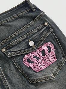 ROMWE Grunge Punk Celana Jeans Flare Ukuran Plus dengan Bordir Mahkota dan Pita ala Gadis Milenium Y2K - Biru - View 2