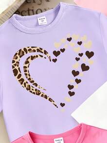 (Random Patterns,Randomly Ships 1 Of 3) Girls' Fashion Creative Pastel Floral Hollow Heart Leopard Print Fun Letter Pattern Basic Short Sleeve T-Shirt - Multicolor - View 6