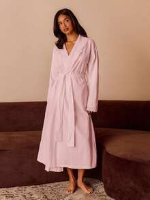 Ocili Women's Solid Color Waist Tie Casual Daily Homewear Robe - Pink - View 5
