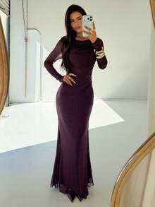 Aloruh Women's Solid Color Pleated Slim Fit Long Sleeve Evening Dress - Burgundy - View 7