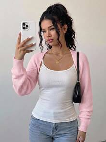 SHEIN Girlism 兒童青少年女孩秋冬粉色短版針織開襟衫，防曬、高品質、可愛實用且百搭 - 粉色 - 查看 3