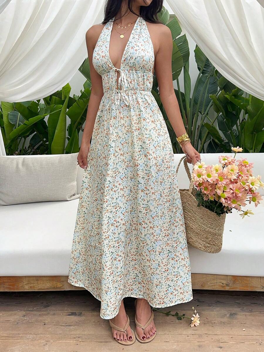 Sunnyshic Women's Ditsy Floral Elegant Halter V-Neck Backless Dress, Suitable For Spring/Summer Vacation - Multicolor - View 1