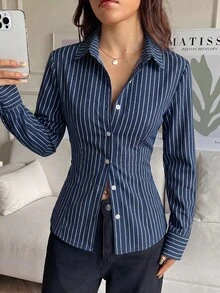 SHEIN EZwear 女款休閒收腰長袖襯衫，條紋襯衫，秋季/冬季女裝，通勤穿搭，夏季服飾，街頭風，適合日常通勤、約會、派對、秋季/冬季、夏季、派對、婚禮、海灘、畢業典禮，優雅休閒，外出穿搭，Y2K，音樂節穿搭，度假服飾，返校穿搭 - 彩色 - 查看 4