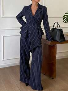 Livesso Setelan 2 Potong Wanita: Atasan Lengan Panjang Berkerah Kancing Depan Warna Biru Tua Polos dengan Celana Panjang Lebar - Navy Blue - View 1