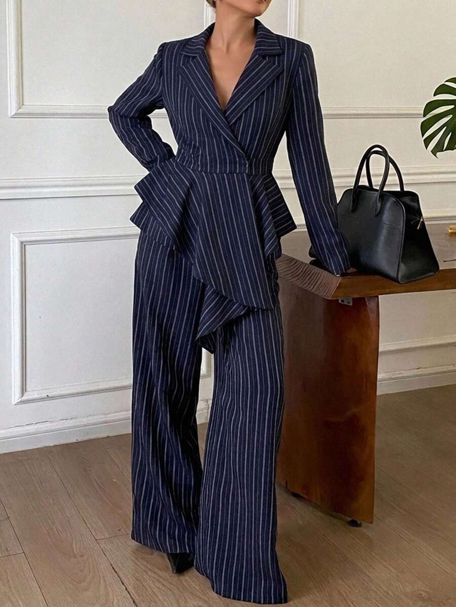 Livesso Setelan 2 Potong Wanita: Atasan Lengan Panjang Berkerah Kancing Depan Warna Biru Tua Polos dengan Celana Panjang Lebar - Navy Blue - View 1