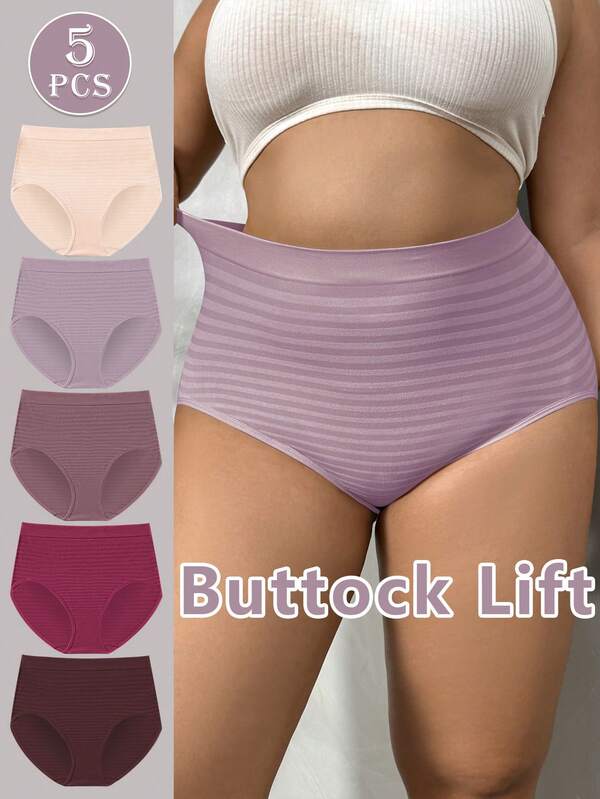 NudeFit 5PCS Women Plus Size Comfy Stretch High Waisted Striped Seamless Full-Coverage Panties