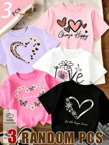 (3 Random Item From 5) Four Seasons Girls' Children's Fashion Fresh Colorful Flower Hollowout Love Leopard Pattern Letter Printing Basic Short T - Multicolor - View 1