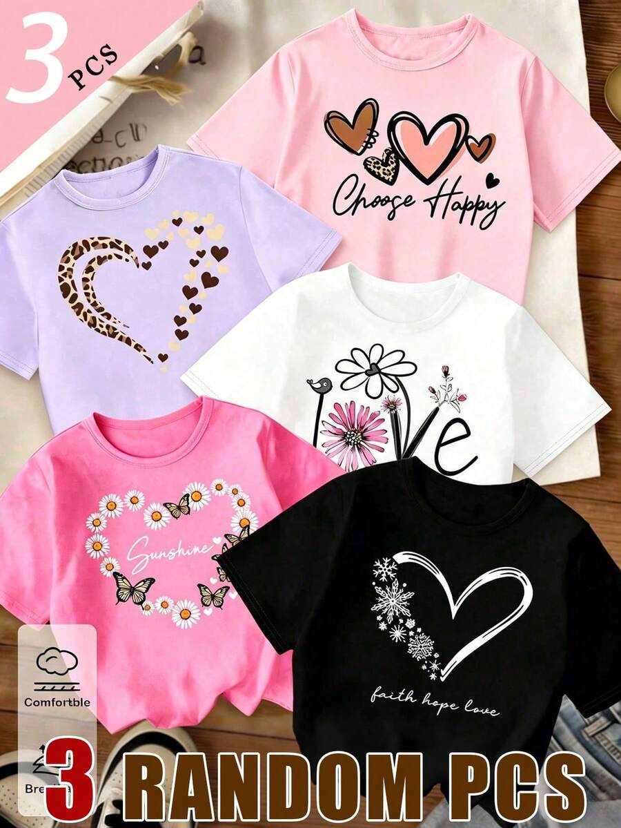 (3 Random Item From 5) Four Seasons Girls' Children's Fashion Fresh Colorful Flower Hollowout Love Leopard Pattern Letter Printing Basic Short T - Multicolor - View 1