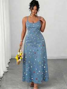 Elenzga Vestido de tirantes finos azul desgastado simple talla grande - Multicolor - Ver 3