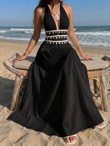 SHEIN PETITE Damen Petite Sommerkleid in Schwarz und Creme, lang, strukturierter Stoff, Seestern-Muschel-Quasten-Band-Dekor, tiefer V-Ausschnitt, Neckholder mit Bindung, A-Linie, Urlaub, Strand, Boho - Schwarz - Übersicht 3