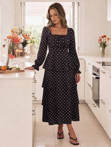 KARISMINA Women's Polka Dot Square Neck Multi-Layer Ruffle Hem Elegant Long Dress,Polka Dot Tiered Maxi Dress, Tiered / Layered,Vacation,Wedding Guest - Black - View 11
