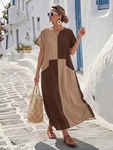Faunlyn Women's Vacation Casual Tropical Minimalist Colorblock Patchwork Dress Shades Of Brown Summer Picnic - Brown - View 3