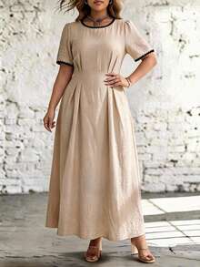 Ceyna Plus Size Women French Casual Elegant Cinched Waist Round Neck Short Sleeve Dress - Apricot - View 6
