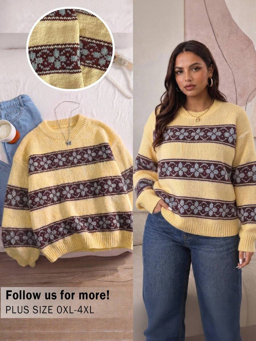 CosyJoli Plus Size Women's Round Neck Color Block Casual Daily Long Sleeve Sweater