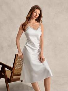 EverLounge Lace Trim Satin Slip Pajama Nightdress Luxeloungewear - White - View 1