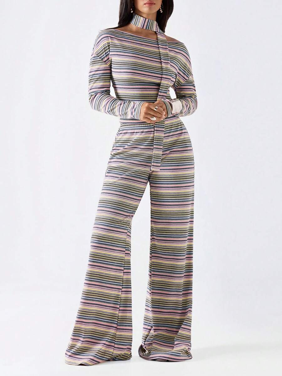 LYSMO Women's Striped Colorblock Long Sleeve Top And Pants Casual Daily 2 Pieces Set - Multicolor - View 1