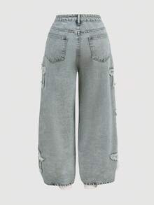 SHEIN MOD Women's Casual Washed Star Patchwork Denim Jeans Fall - Medium Wash - View 2