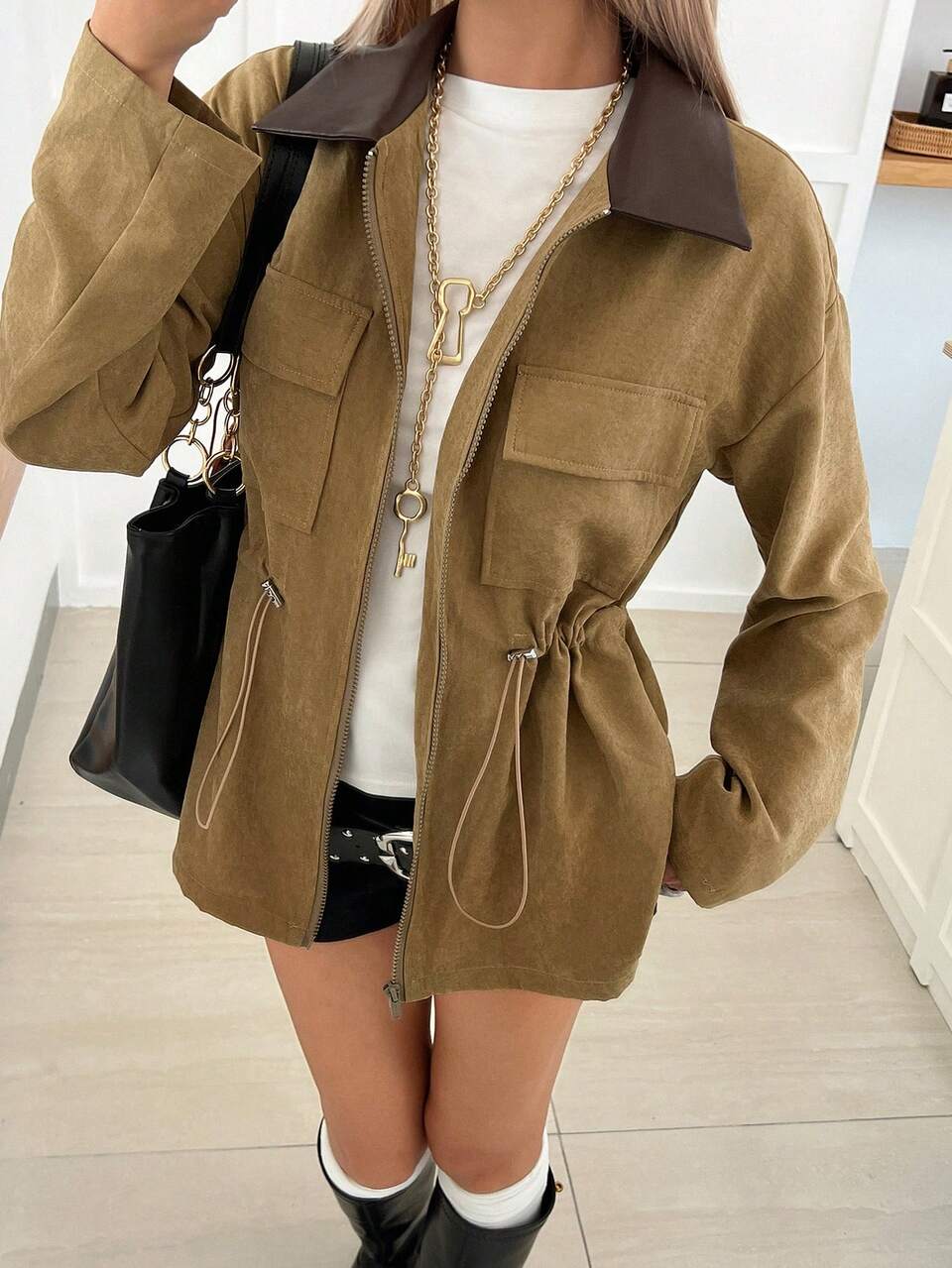 Women's Colorblock Zipper Casual Streetwear Versatile Daily Travel Long Sleeve Jacket Everyday Road Trip Dark Brown Autumn