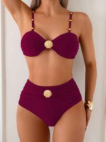 Swim Chiccia 2 件女式优雅度假金属贝壳串珠肩带高腰收腹棕色比基尼套装，2025 年春夏 - 酒紅色 - 查看 4