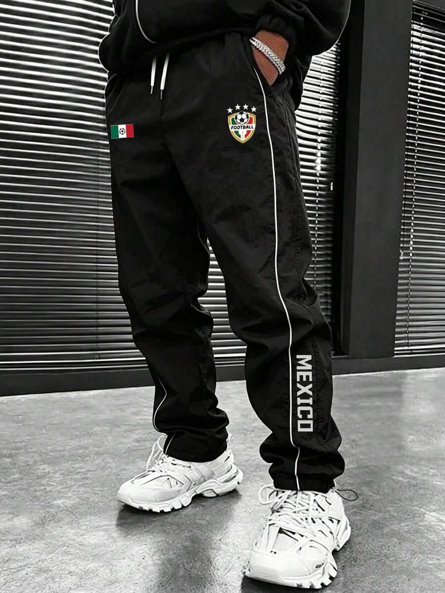 Sport MetroGents Men's Letter Print Drawstring Waist Pocket Sports Long Pants - Black - View 1