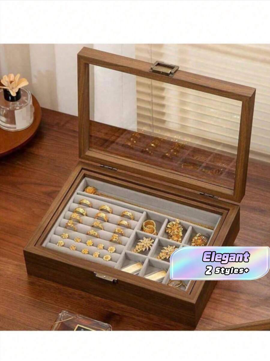 1个双层复古木质首饰盒，翻盖透明桌面收纳盒，可收纳项链、耳环和配饰，布内衬，多功能长方形单层收纳盒，适合女性整理、旅行必备、返校宿舍收纳 - 多色 - 查看 1