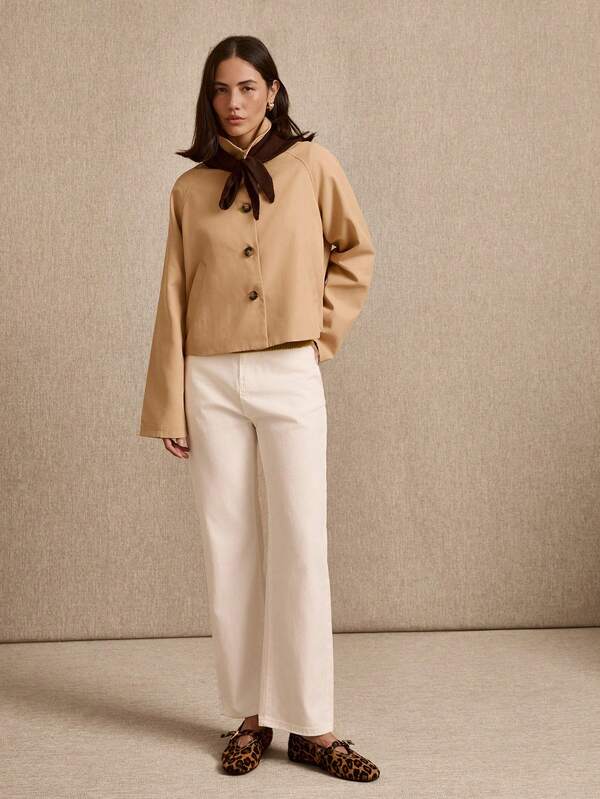 lacRébo Beige Crop Trench With Check Lining All Over