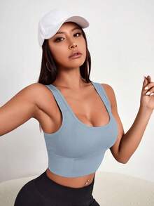 Gameset SHEIN Sport 女款素色羅紋無縫日常健身運動內衣 - 寶藍色 - 查看 5