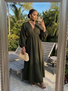 SHEIN Lady CURVE Plus Size Minimalist Versatile Pleated Long Sleeve Dress For Daily Wear - Army Green - View 4