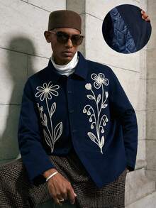 AKNOTIC Men's Floral Embroidered Pattern Casual Versatile Daily Wear Winter Long Sleeve Jacket - Blue - View 1