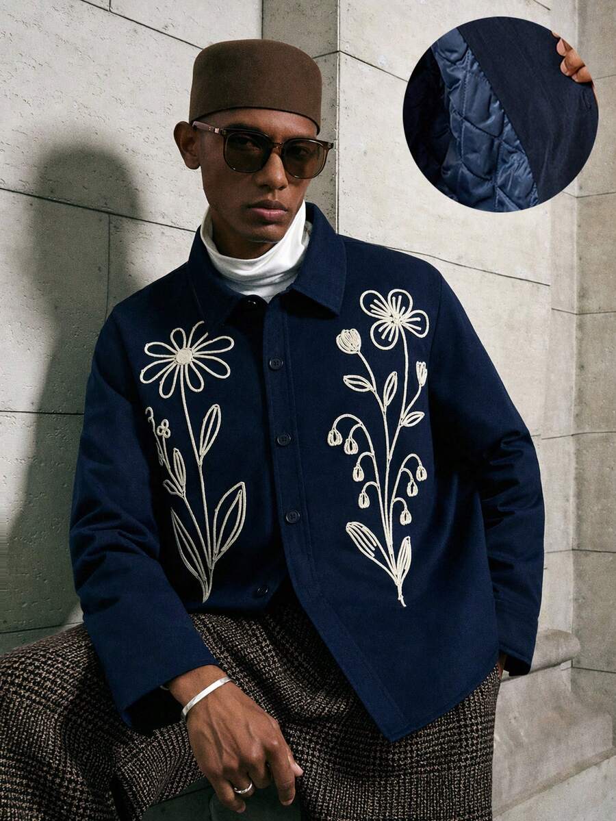AKNOTIC Men's Floral Embroidered Pattern Casual Versatile Daily Wear Winter Long Sleeve Jacket - Blue - View 1