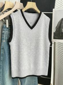 SHEIN Franclia 撞色针织背心，V领撞色滚边，宽松版型，柔软针织面料，撞色设计，活泼甜美复古风，适合春季叠穿、校园约会、日常穿着，百搭单品，撞色设计不单调，宽松版型显瘦，韩式软妹休闲风，内搭衬衫更添甜美，搭配百褶裙更显甜美，搭配牛仔裤更显甜美酷感 - 淺灰色 - 查看 3
