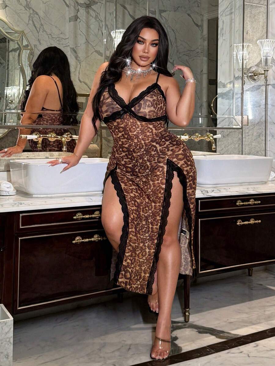 NU&NOW Gaun Panjang Prancis Plus Size Motif Macan Tutul Seksi Transparan Renda Tali Spageti Belahan Tinggi untuk Hari Valentine Musim Panas Malam Kencan Tidur dan Rave Warna Cokelat - MultiWarna - View 1
