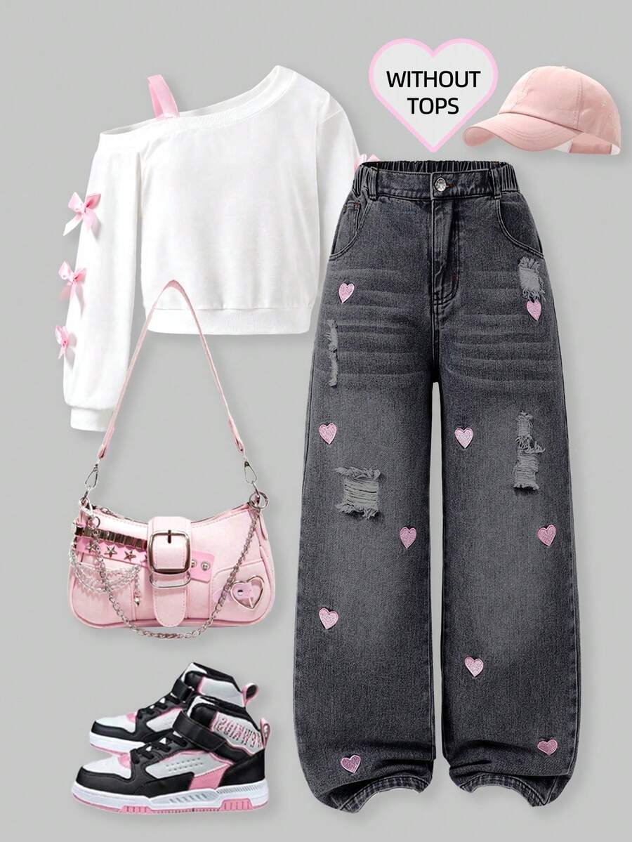 SHEIN ChillGRL Tween Girls 2025秋冬新款时尚阔腿牛仔裤。可爱心形刺绣宽松牛仔裤 - 灰色 - 查看 1