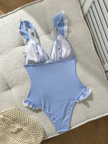 Swim Mod Women's Summer Beach Vacation Vacations Sweet And Cute Blue Striped Striped Ruched One-Piece Swimsuit. Coastal Cute - Multicolor - View 3