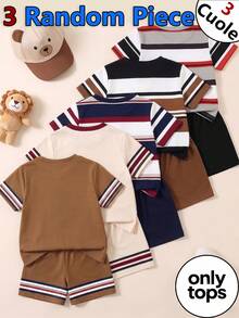 3 Random Piece From 5 Designs Tops Handsome Combination Outfit Set Summer Outing Preferred Minimalist Letter Print Pattern Navy Blue T-Shirt - White - View 2