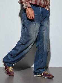 Modcrash Men's Y2K Washed Personalized Patchwork Distressed Jeans, Versatile Loose Casual Slim Straight Wide Leg Pants Fall/Autumn/Winter - Dusty Blue - View 5