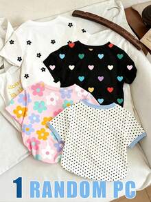 (Random 4 Pcs,Send 1 Pc)Baby Girl Fashion Creative Colorful Flower Heart Polka Dot Balloon Puppy Basic Short Sleeve T-Shirt, Suitable For All Seasons - Multicolor - View 2