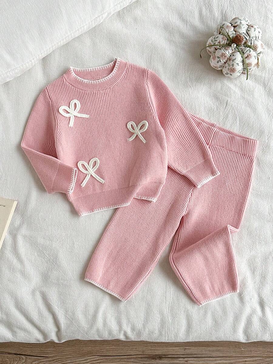 SHEIN 女嬰淺粉色軟粉蝴蝶結針織毛衣寬腿褲套裝,可愛秋季幼兒女孩服飾,聖誕萬聖節家庭穿搭生日禮物 - 藕粉色 - 查看 1